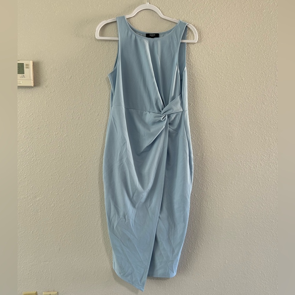 Guess Blue Asymmetrical Ruched Midi Dress